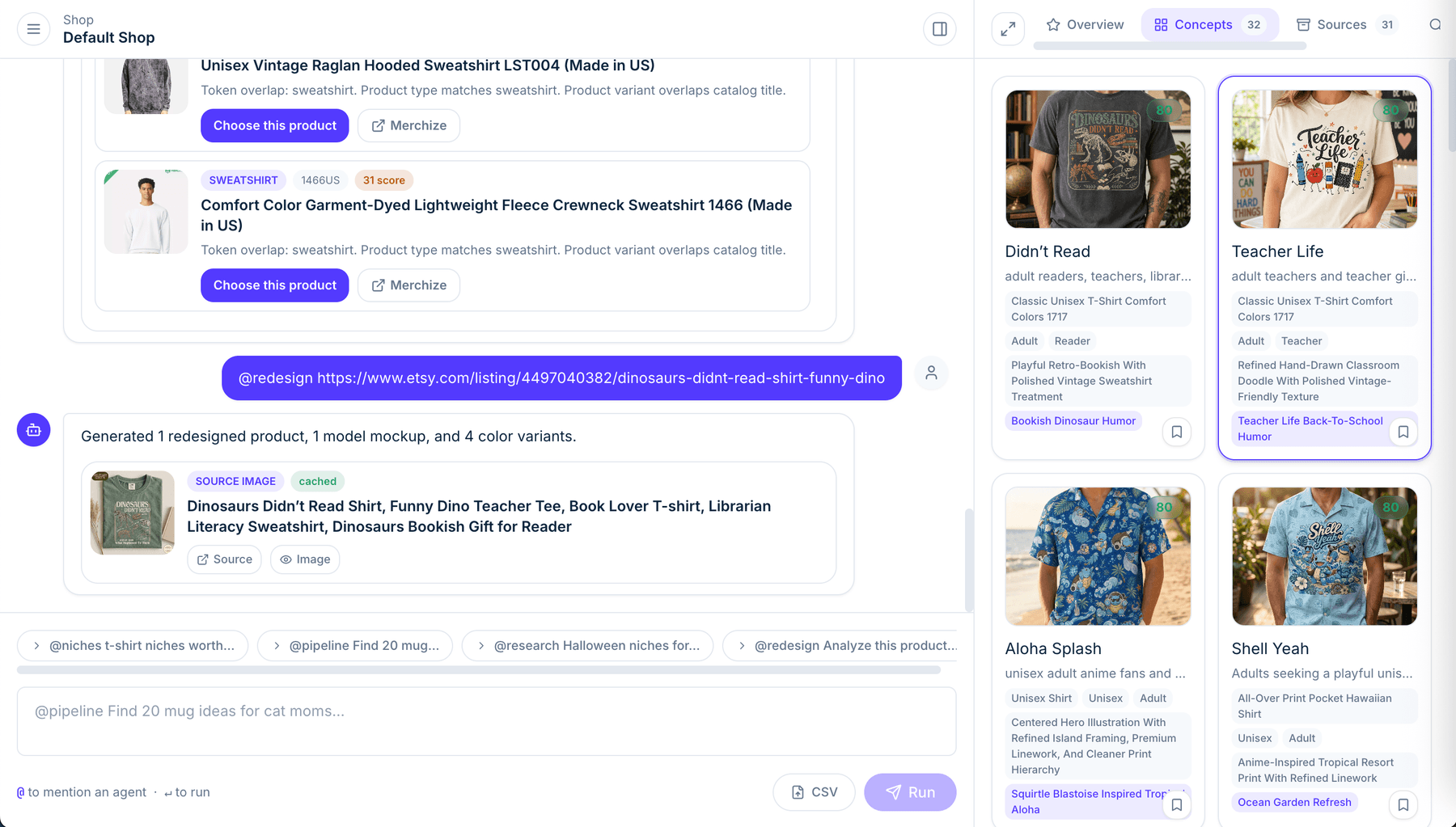 IdeaPilot workspace showing autonomous ecommerce design workflows