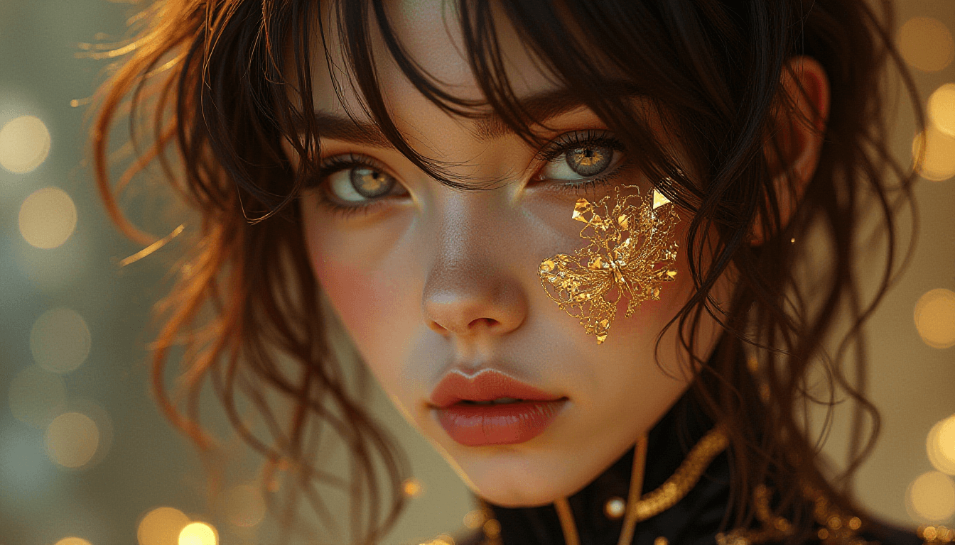 photo, 8k portrait of beautiful cyborg with brown hair, intricate, elegant, highly detailed, majestic, digital photography, art by artgerm and ruan jia and greg rutkowski surreal painting gold butterfly filigree, broken glass, masterpiece, sidelighting, finely detailed beautiful eyes: 1.2, hdr, realistic, high definition