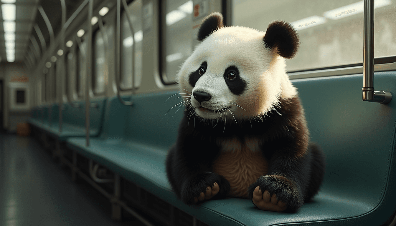 panda sits on the train