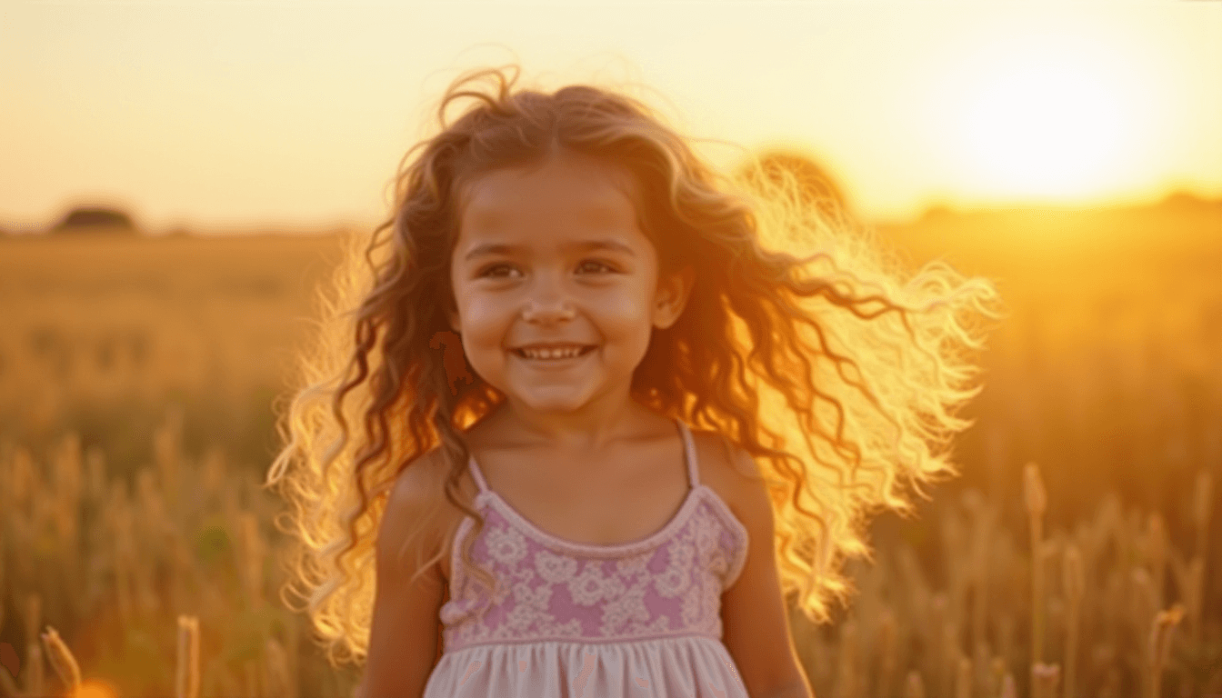 high resolution 8k photography, chubby korean McKenna Grace, voluminous long curly hair, deep brunette to platinum blonde ombre hair, white and lavender lace sundress, standing in a field of prairie grass during golden hour