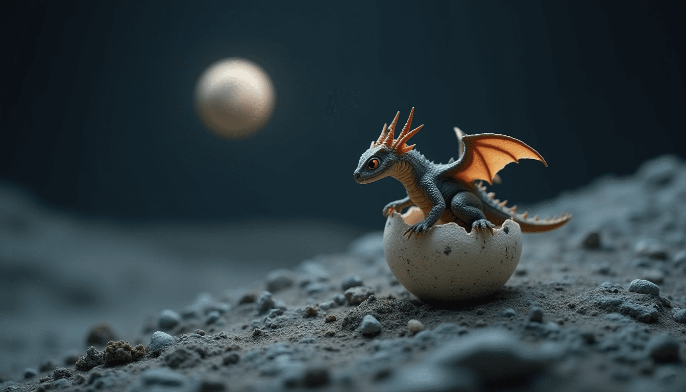 a tiny dragon hatching from an egg on the moon