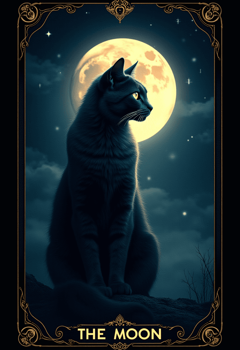 Design a tarot card for 'The Moon' featuring a realistic, majestic cat as the focal point. The card should be vertically aligned, filling the entire space, with a dark, mystical atmosphere. The cat is illuminated by soft moonlight, surrounded by a night sky with clouds and stars. Use intricate details to enhance the sense of mystery and elegance, with a dark, enchanting color palette."