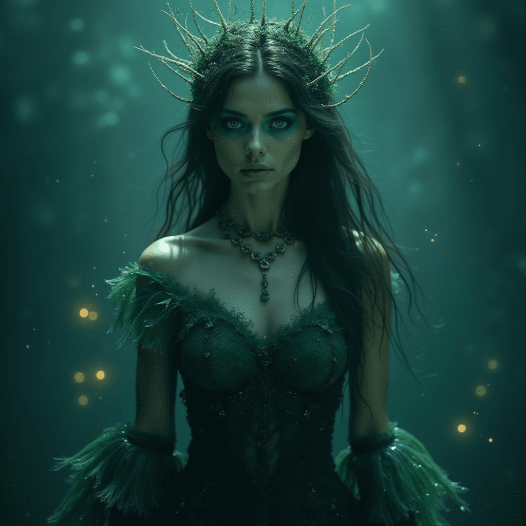 water style, an elemental water Queen, water genie, wearing a dress made out of seaweed, water elemental woman, magical, fantasy, elemental, 8k, high quality, beautiful eyes, water genasi dark shadows, fireflies