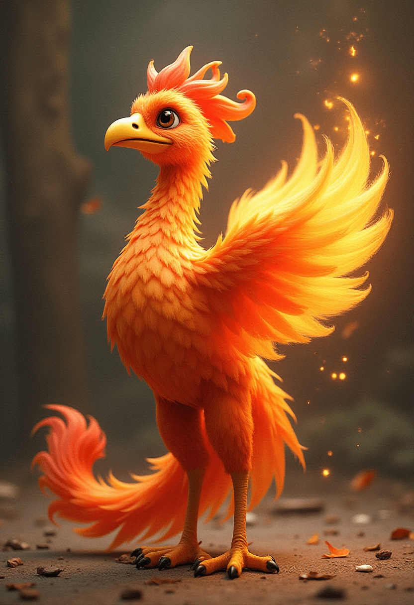 A kind phoenix, FULL BODY, CARTOON LOOK, LOOKING SAD