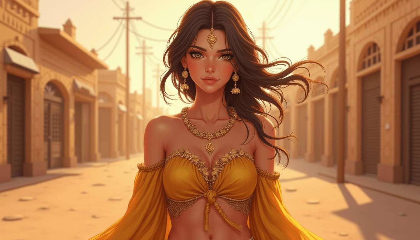 8k wallpaper of a beautiful anime adventurer girl wearing gold jewelry in the streets of a city in the Western Sahara, by artgerm, intricate detail, trending on artstation, 8k, fluid motion, stunning shading, by wlop