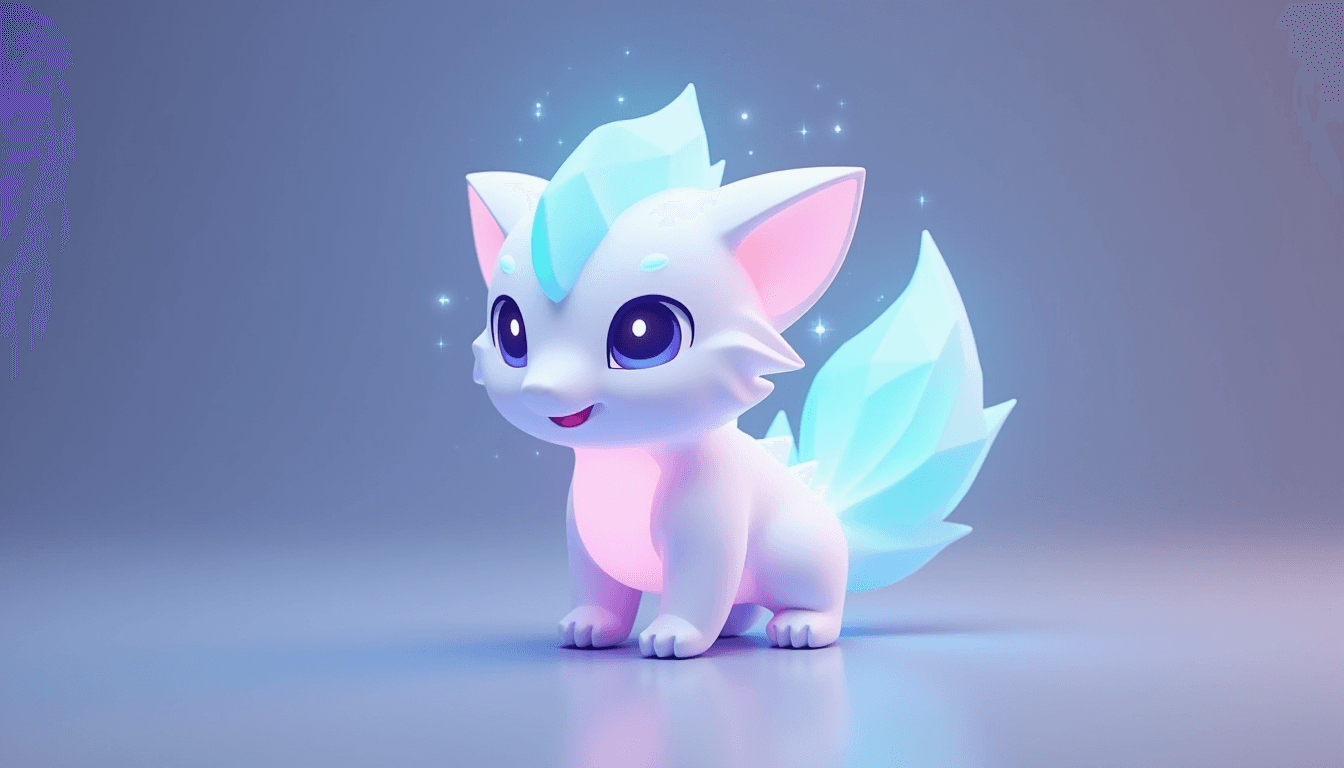 low poly style, 3D model of a spectral, kawaii-style mythical animal in low-poly design, intended for a fantasy video game. The creature should blend elements of a mystical fox and a small dragon, featuring glowing, ethereal fur or scales that give off a soft, magical light. The design should emphasize cuteness, with large, expressive eyes, small rounded ears, and a playful, friendly demeanor. The low-poly aesthetic should focus on simple, smooth shapes with minimal details, while the color palette should include pastel shades with luminous accents, creating a soft and enchanting visual effect. The creature should appear to be floating or lightly hovering, adding to its ethereal, magical nature.