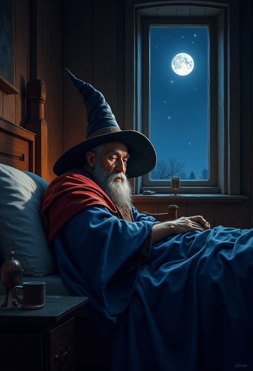 Wizard Sleeping in Rustic Bedroom at Night