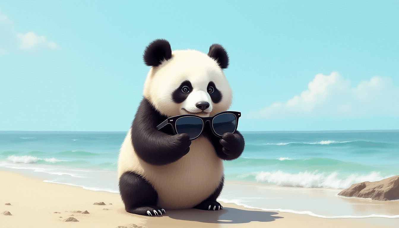 A Panda on Seashore Wearing Black Sunglasses