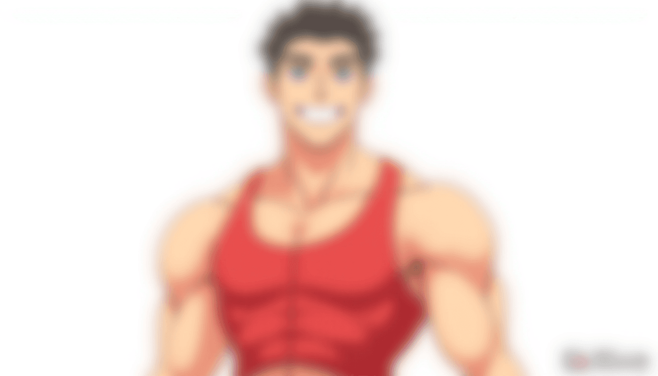 Muscular Anime Young Man in Red Top