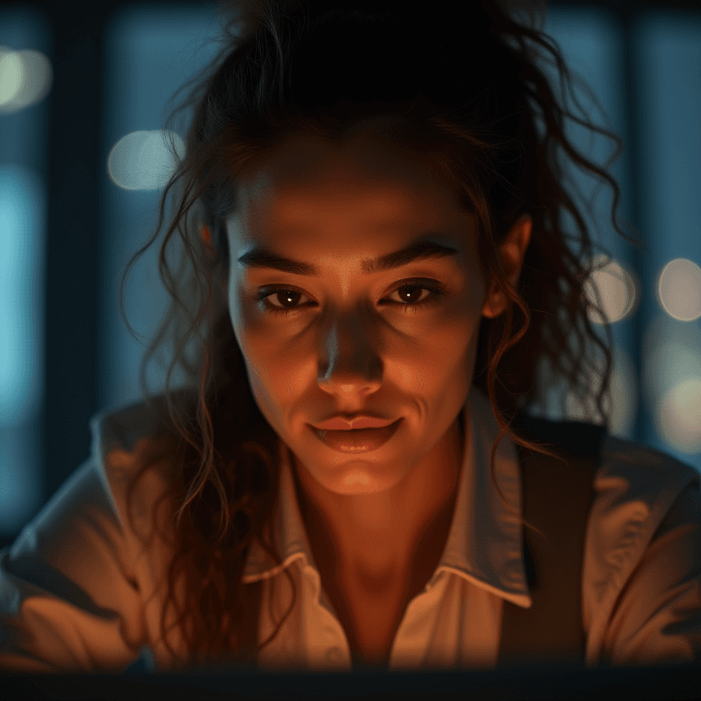 Concentrating Businesswoman in Orange Glowing Light