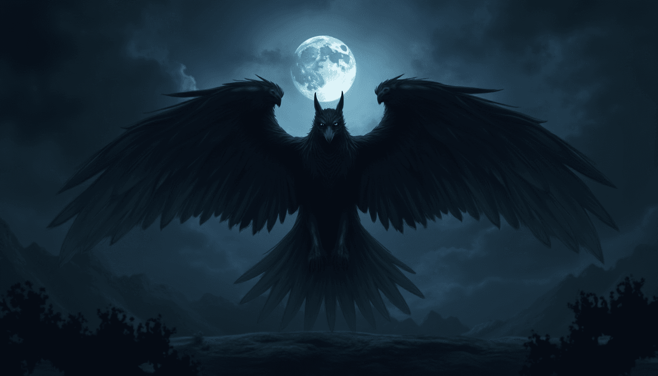 Dark Epic Scene with Raven and Wolf at Night