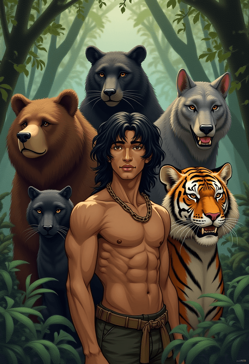 Mowgli Book Illustration with Jungle Animals