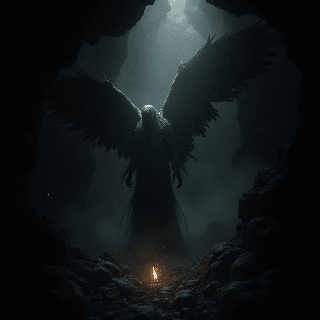 Dark Angel in a Surreal Cave