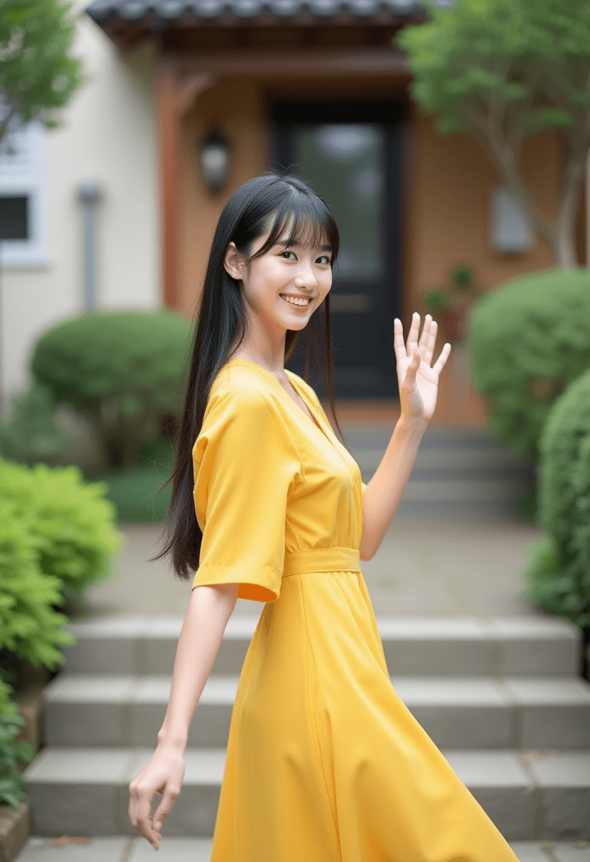 Japanese Woman in Yellow Dress Walking Upstairs