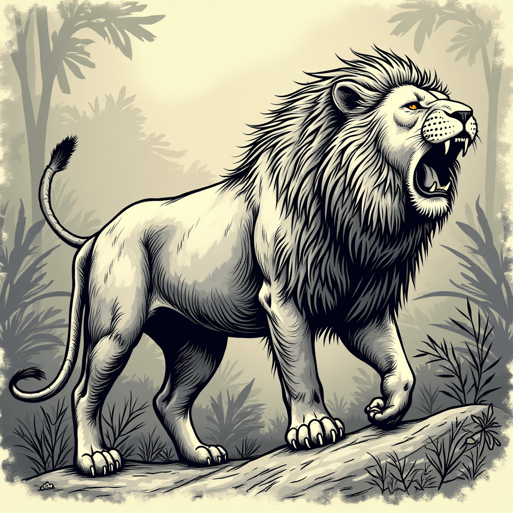 Sideways Roaring Lion in Jungle