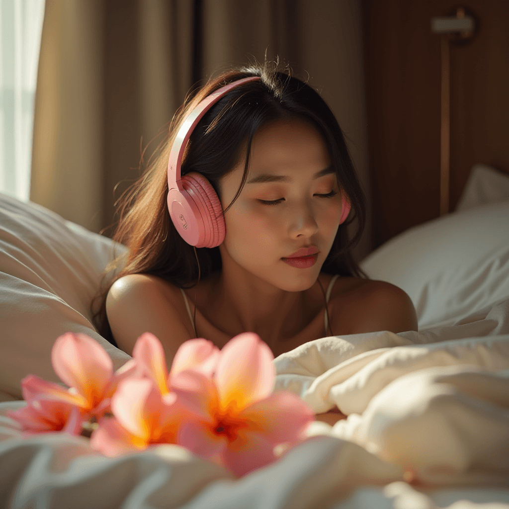 Korean Model Relaxes with Music and Frangipani