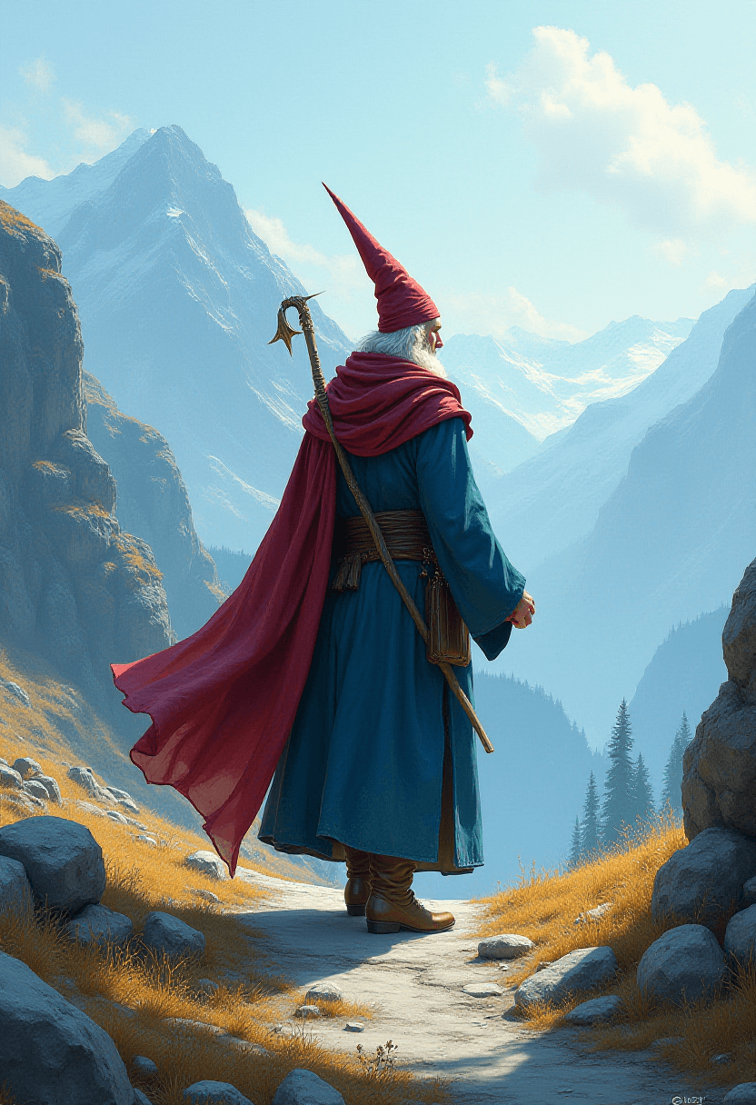 Wizard Walking Down a Mountain Path