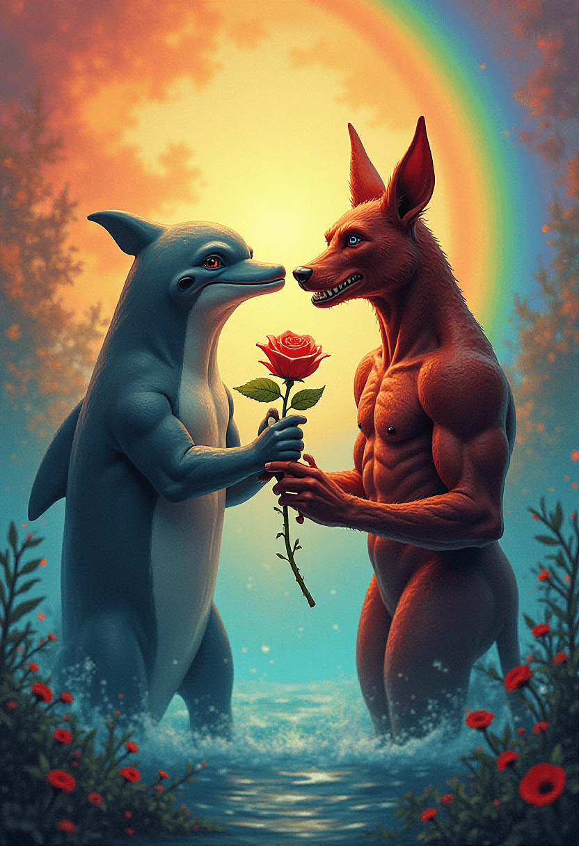 Tasmanian Devil Giving Rose to Dolphin