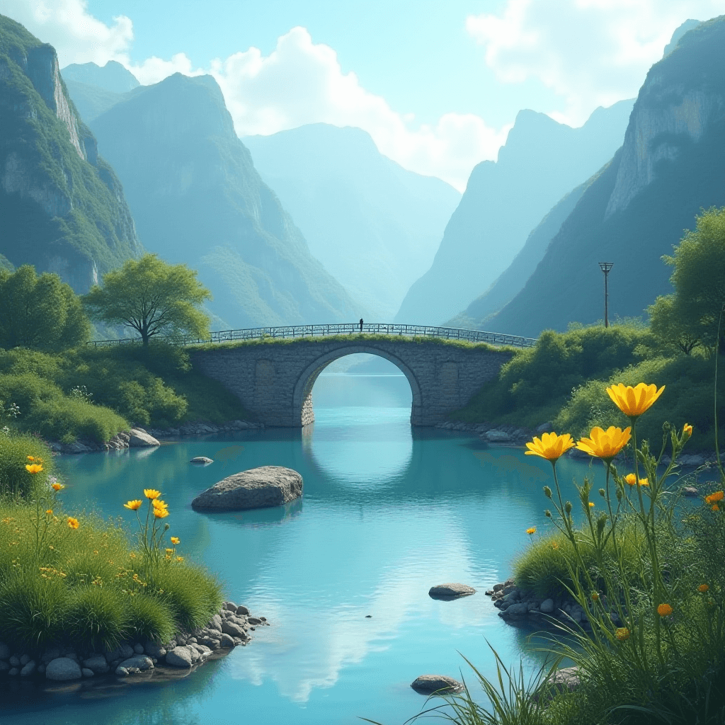 Serene Mountain Landscape with a River and a Bridge