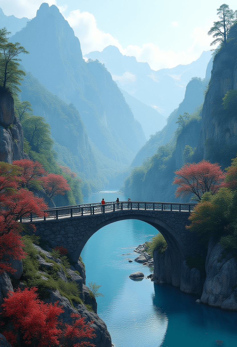 Mountain Landscape with River and Bridge