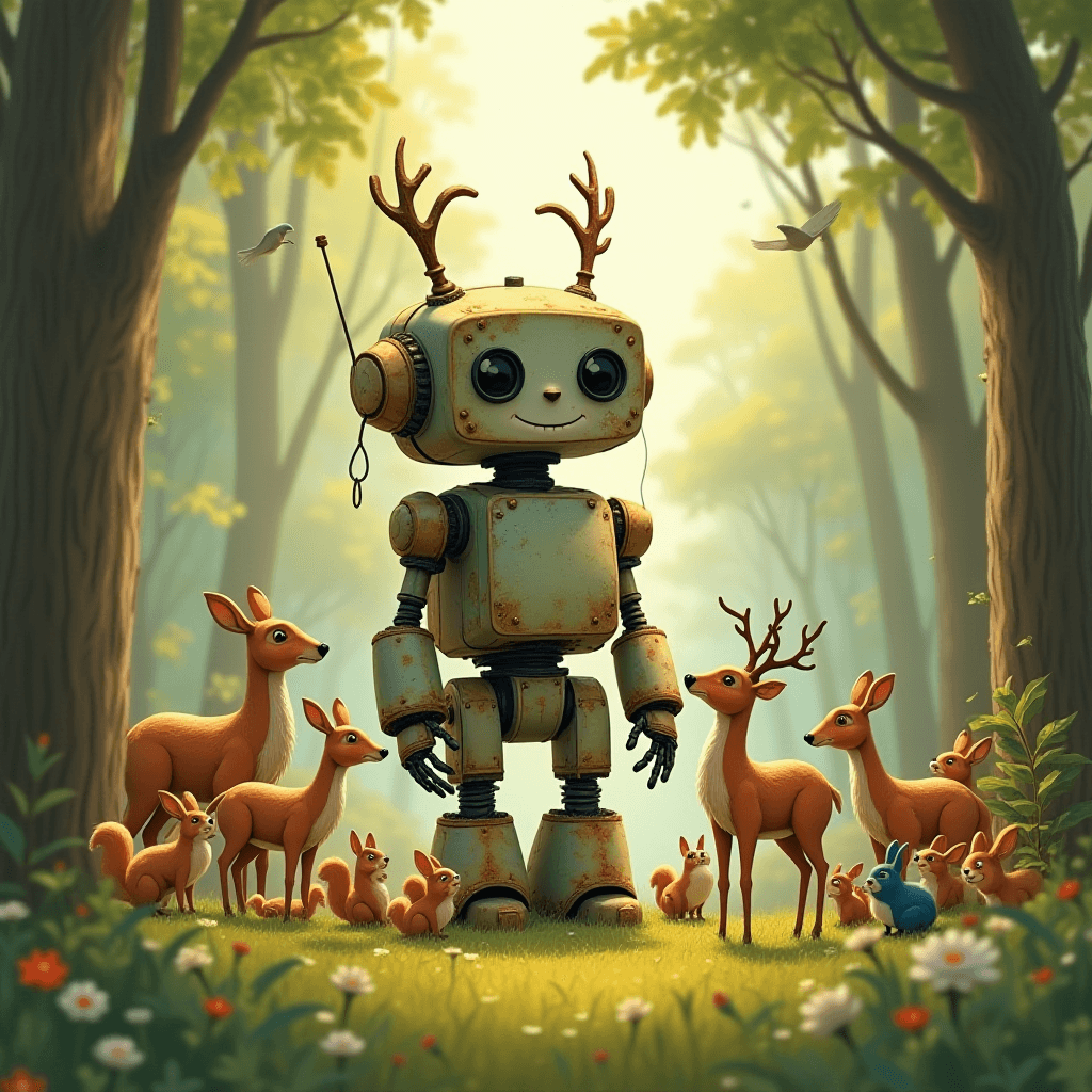 Friendly Robot Surrounded by Lush Forest Creatures