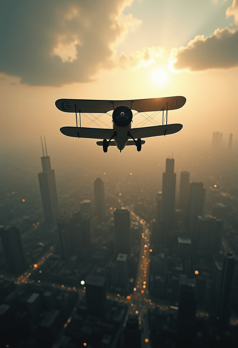 Vintage Biplane Over City Skyline