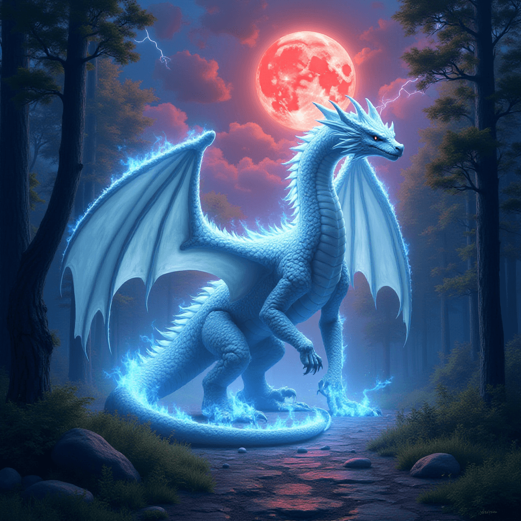 A Ferocious White Dragon in Azure Fire