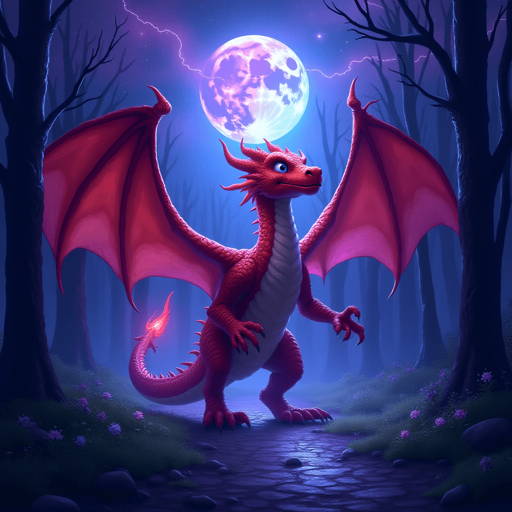 Ferocious Red Dragon in Forest Path