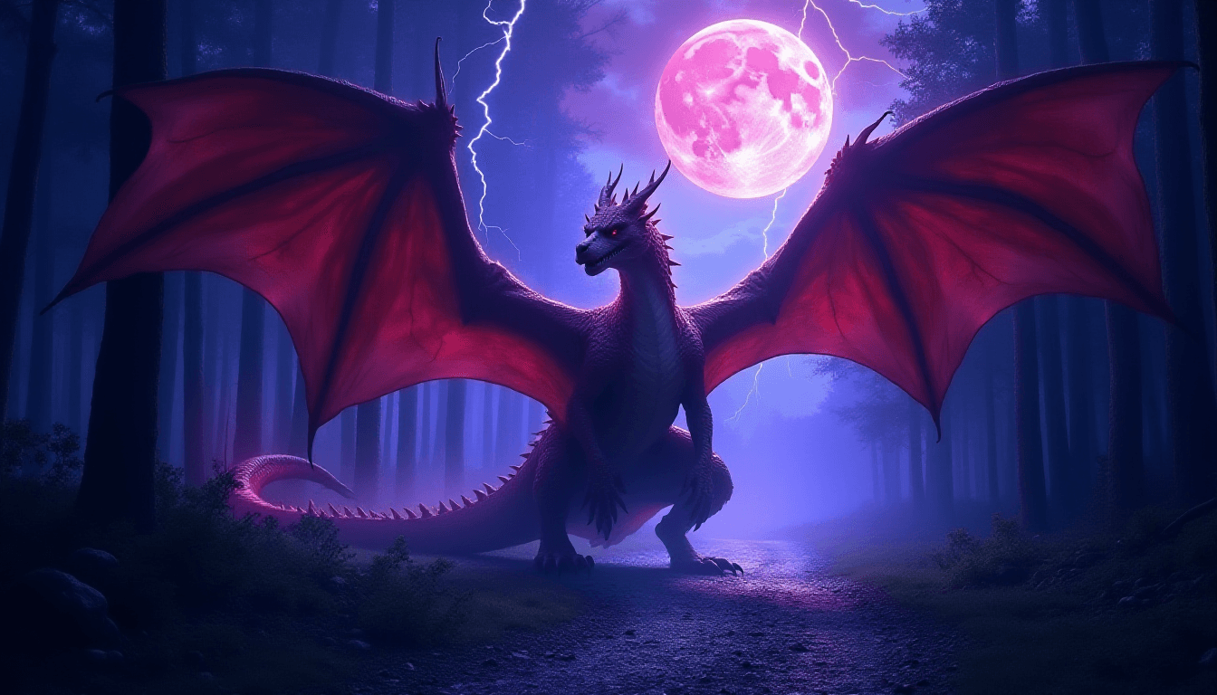 Dark Fantasy Dragon Scene with Full Moon and Nebula