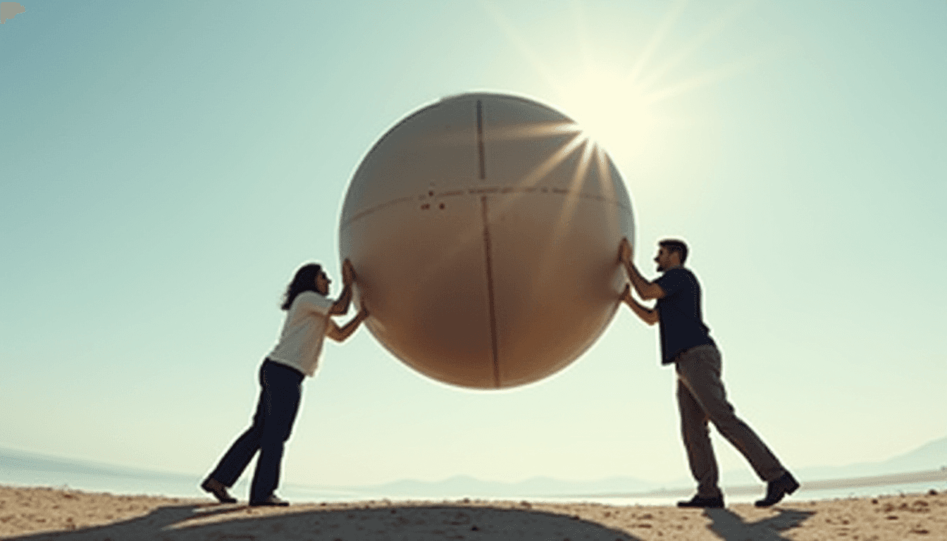 Two People Lifting a Massive Ball Together