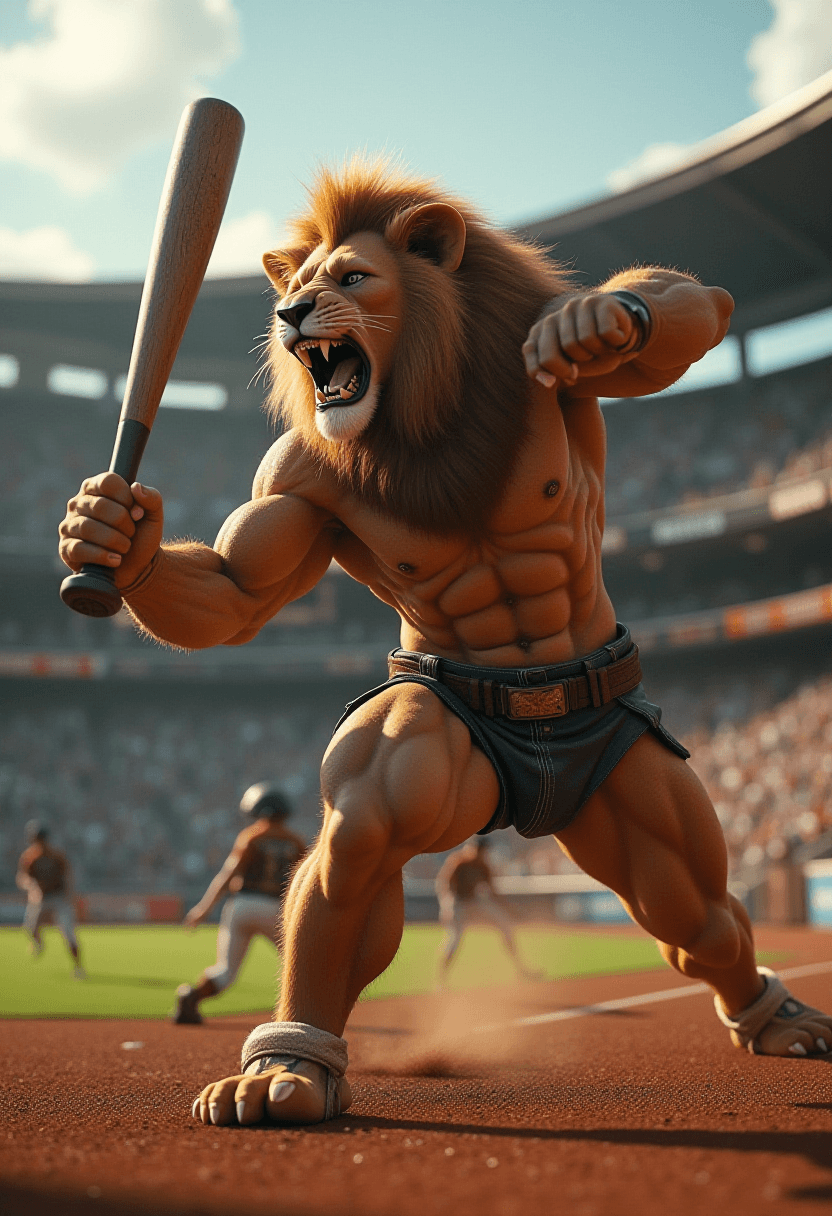 Hypermaximal Lion Wields Baseball Bat in Cinematic Battle