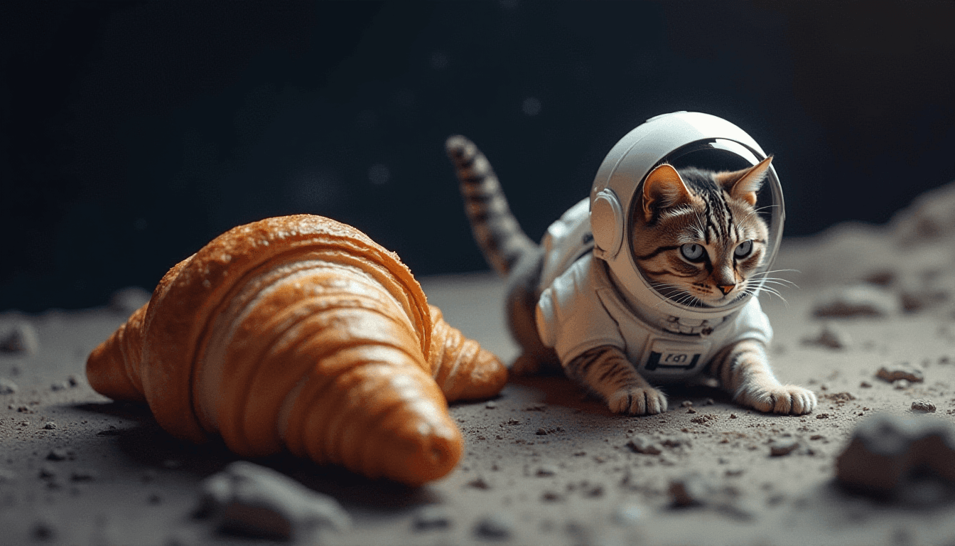 Croissant und Katze auf dem Mond