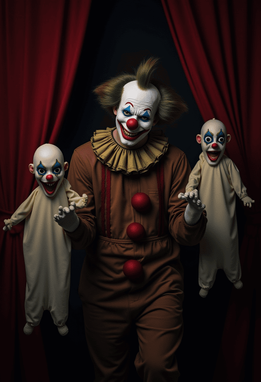 Horror Theatre with Clown Masks and Ghost Puppets