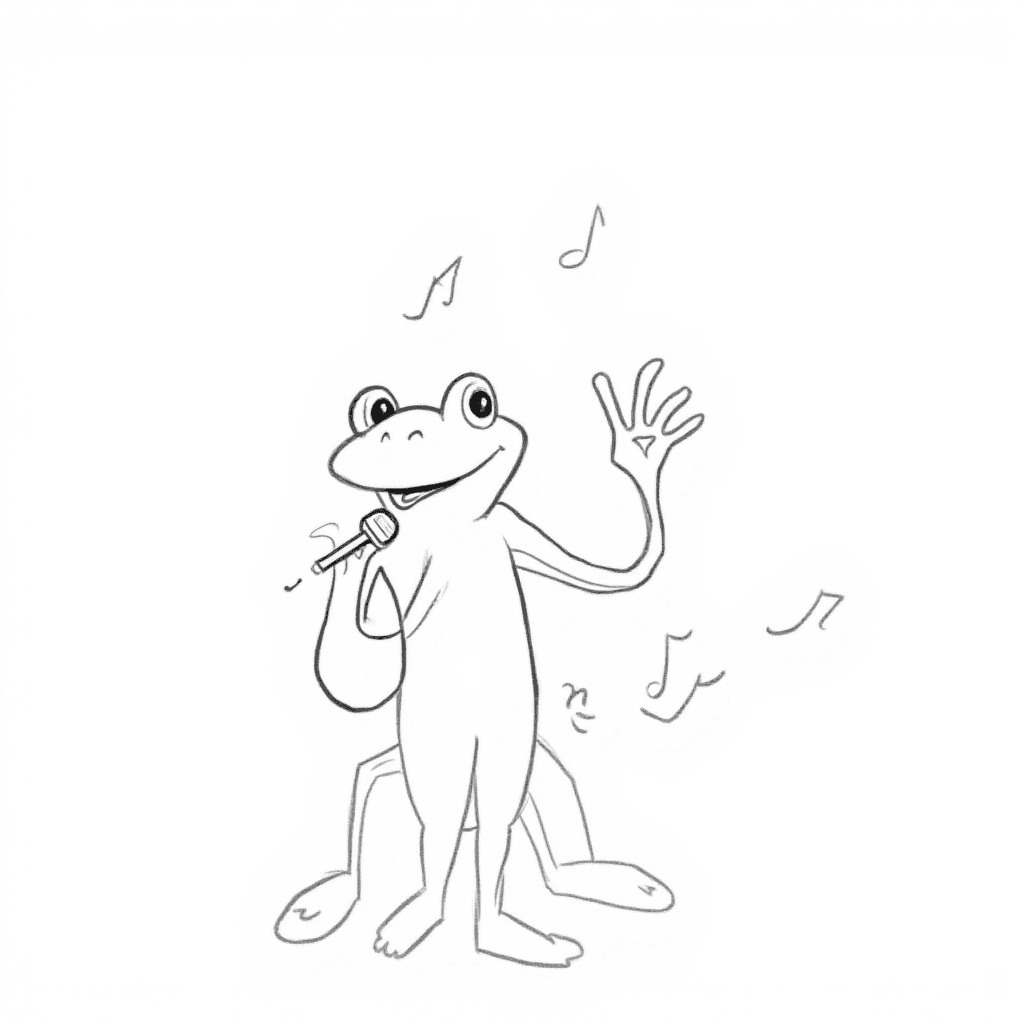 Frog sings a song with a microphone