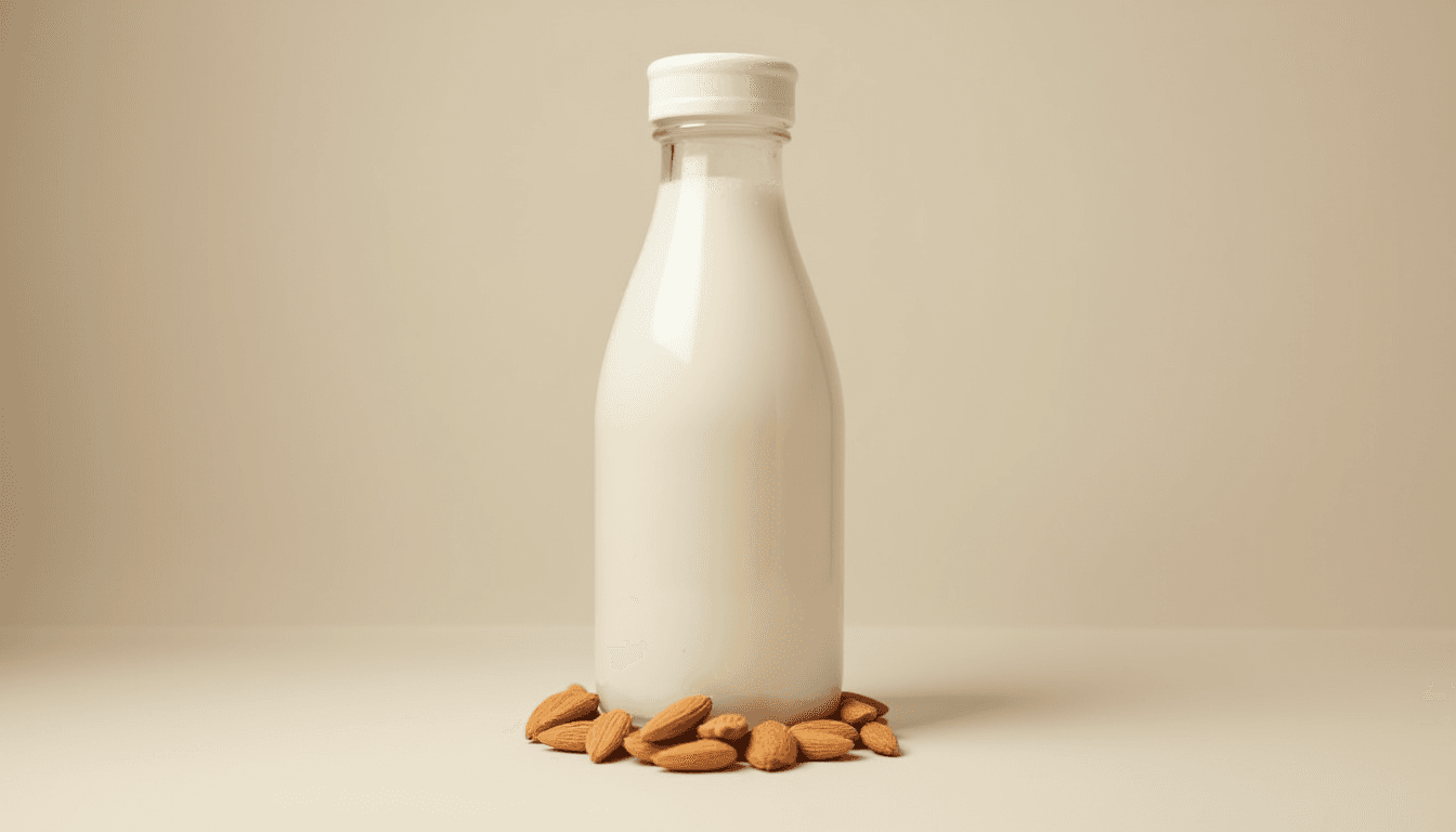 Coffee Milk in Almond Bottle on Minimalist Table