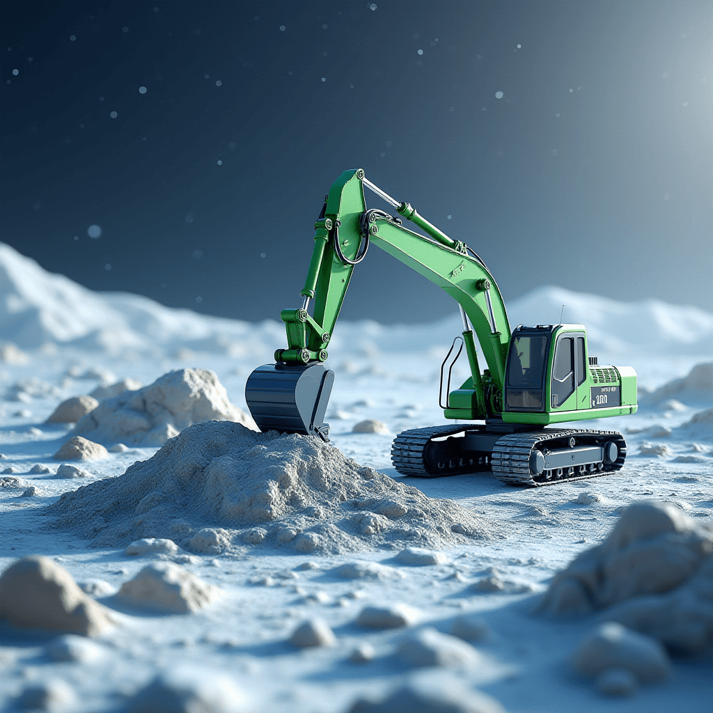 Grey and Green Mini Excavator on a Moon Surface