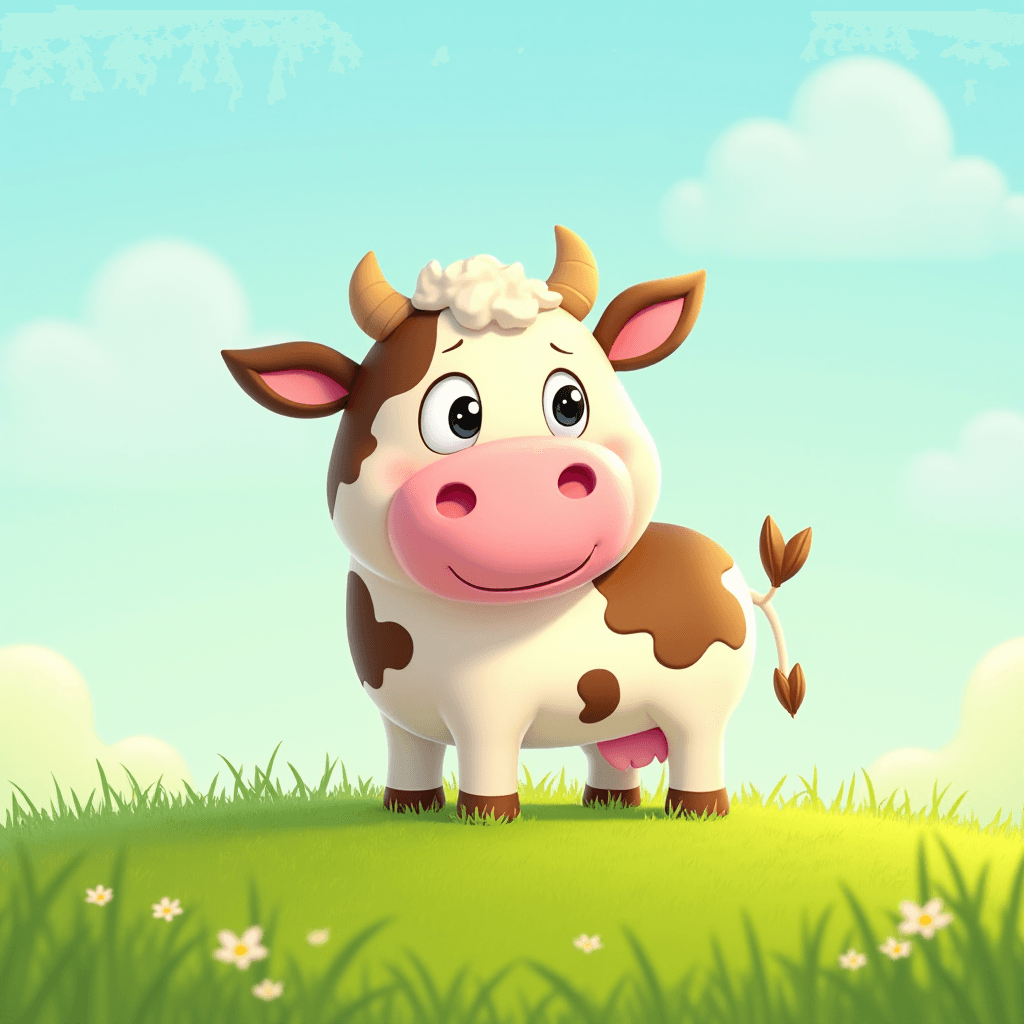 Cartoon Cow in Green Grass