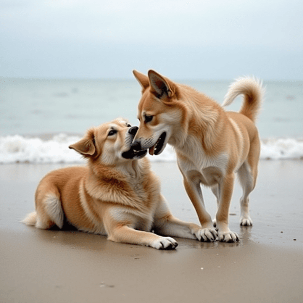 Hund am Strand bei Besitzerin