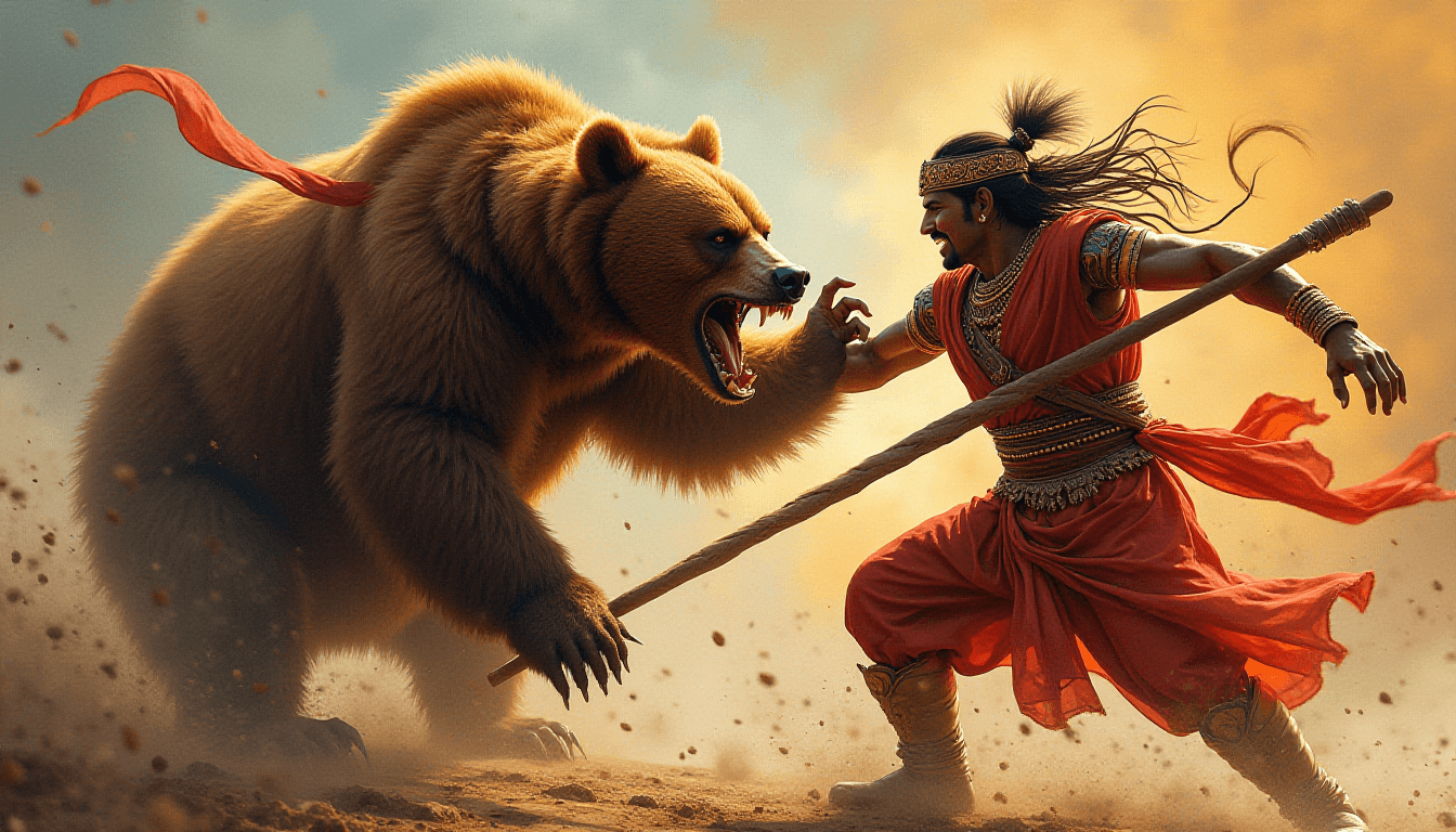 Angry bear attacks warrior in traditional Hindu setting