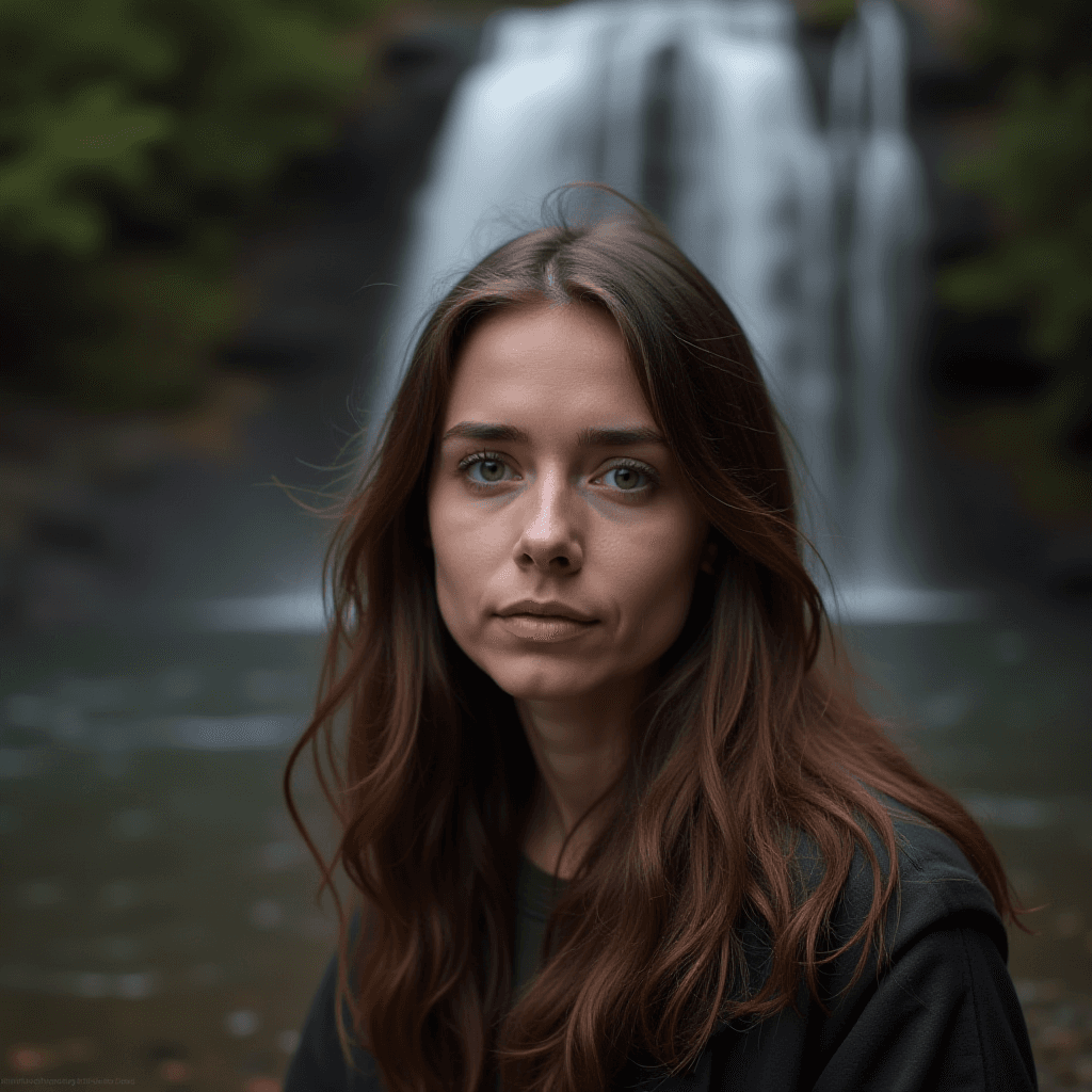 Woman in Carpathians near a waterfall