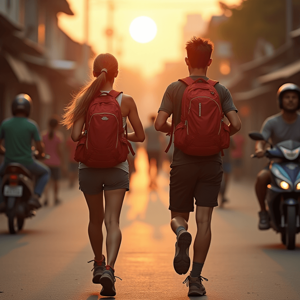 Adult Hikers Running in Busy East Asian Street