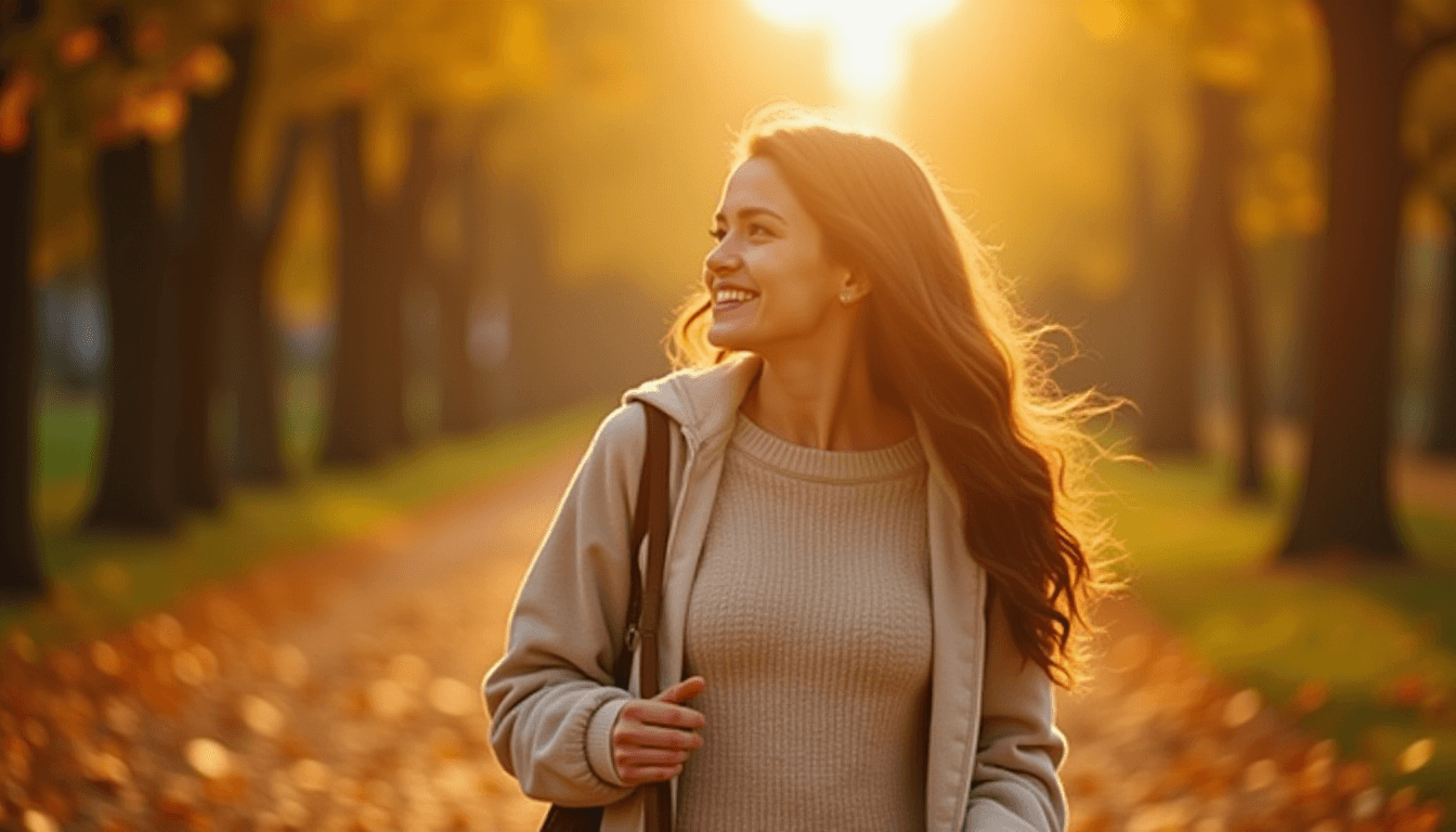 A woman strolls through autumn leaves