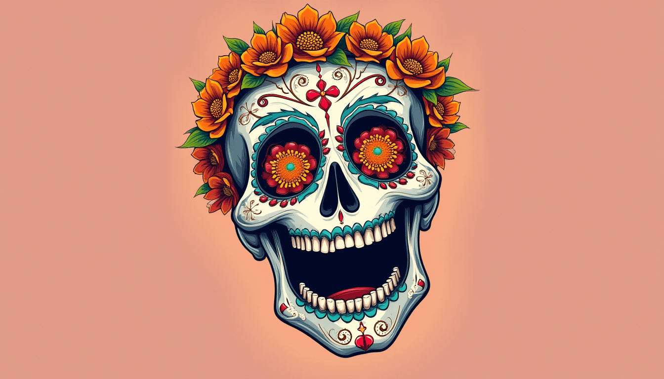 Smiling Sugar Skull with Flowers in Eyes