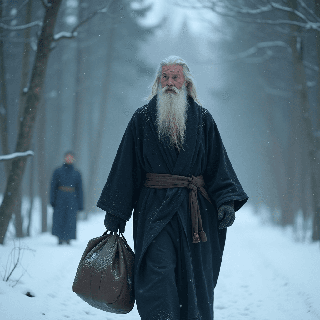 Man in Black Robe in Snowy Forest