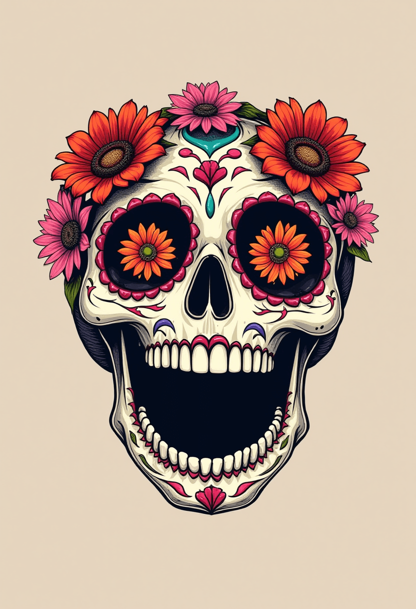 Sugar Skull with Flowers in Eyes