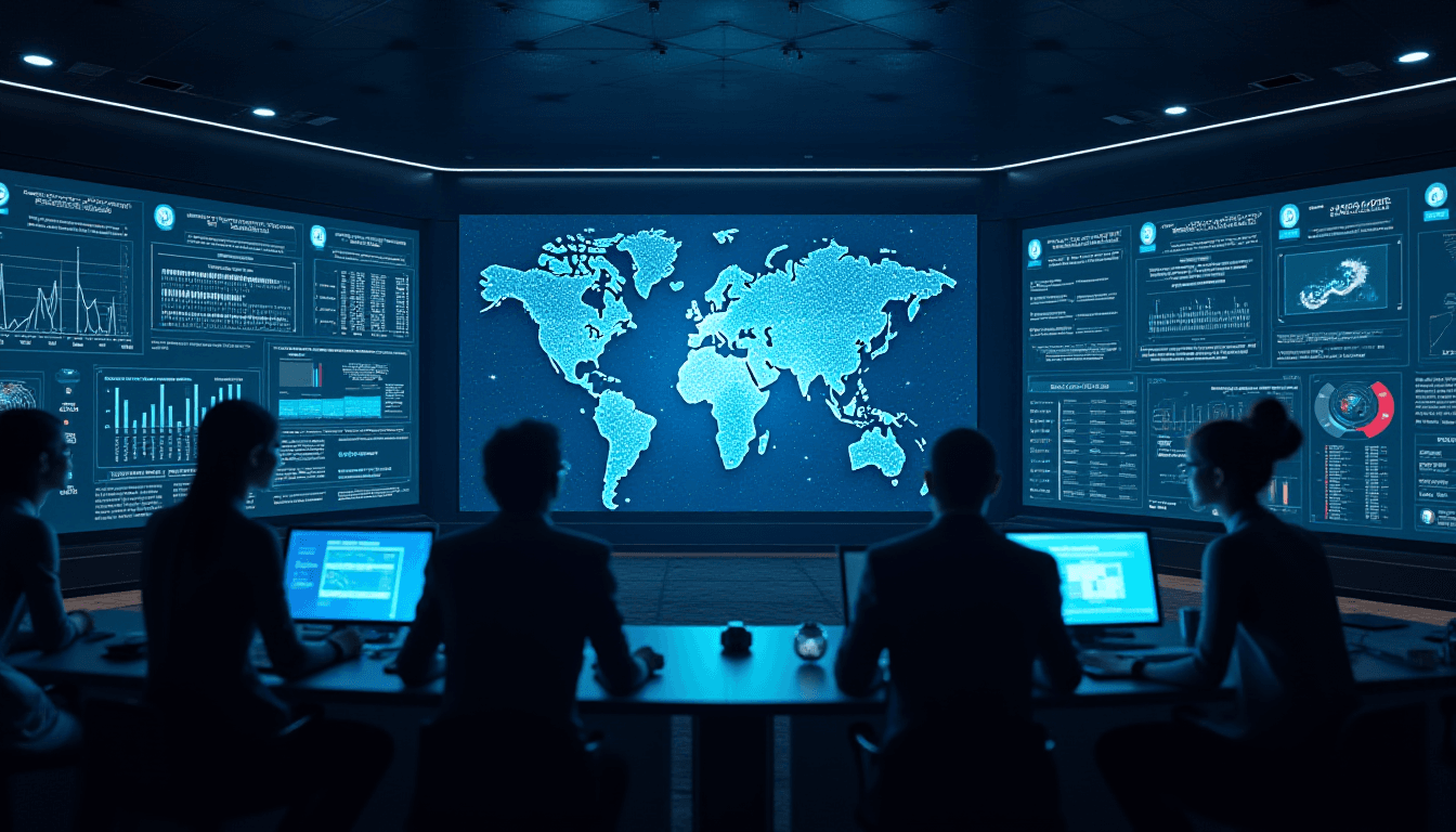 Futuristic Command Centre with Cybersecurity Professionals