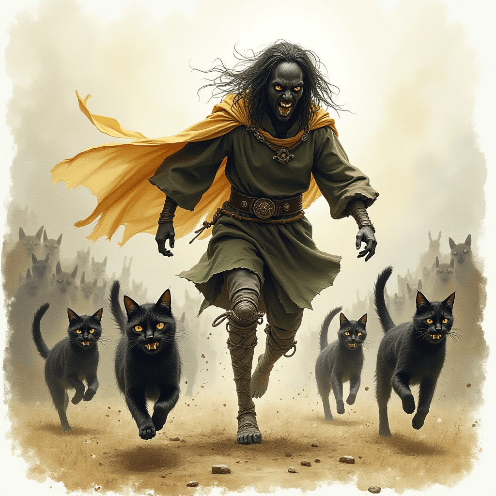 Proto in Lord of the Rings Amidst Black Cats in Watercolor