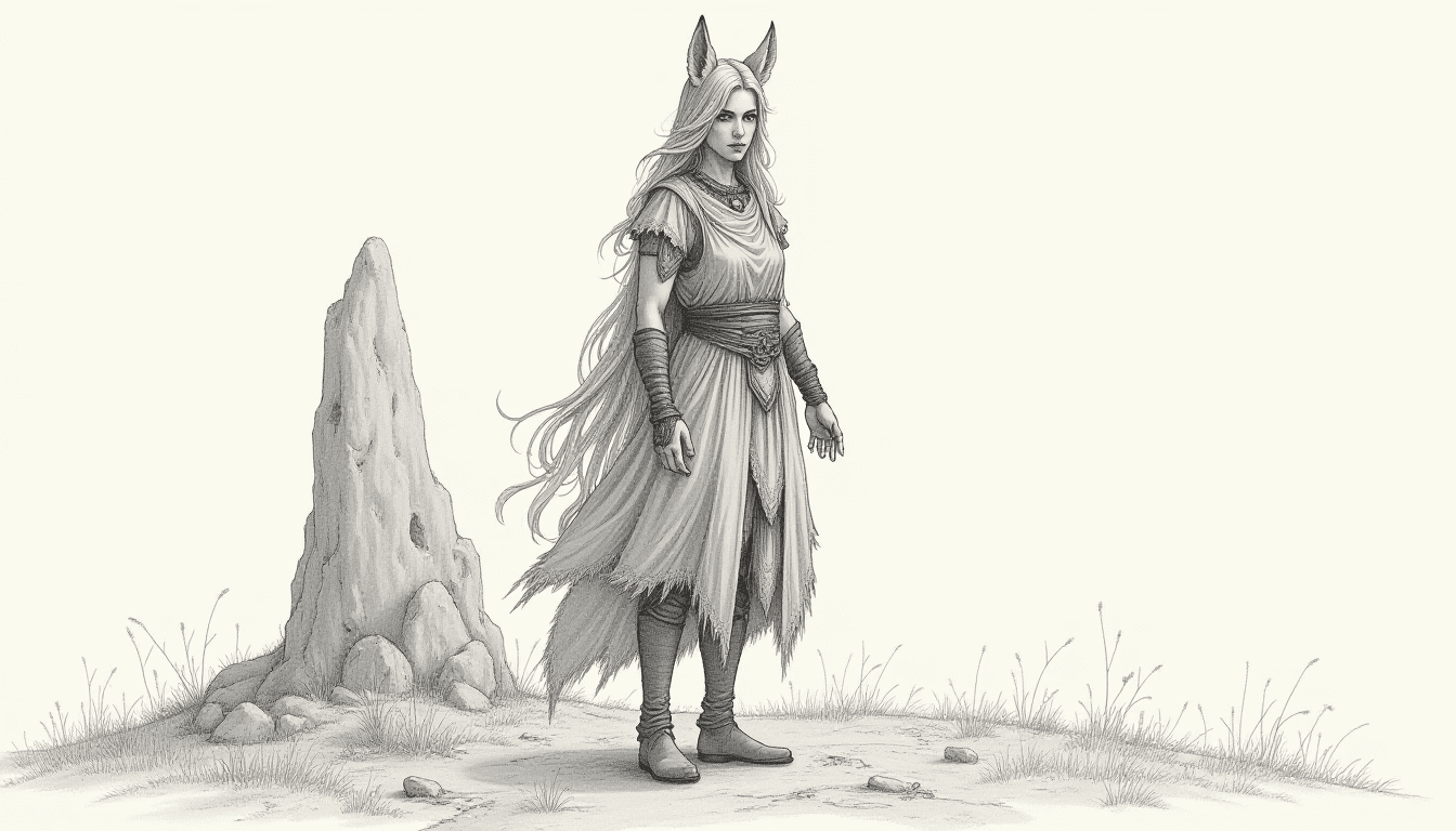 Female Druid with Wolf Ears and Barrow in Background