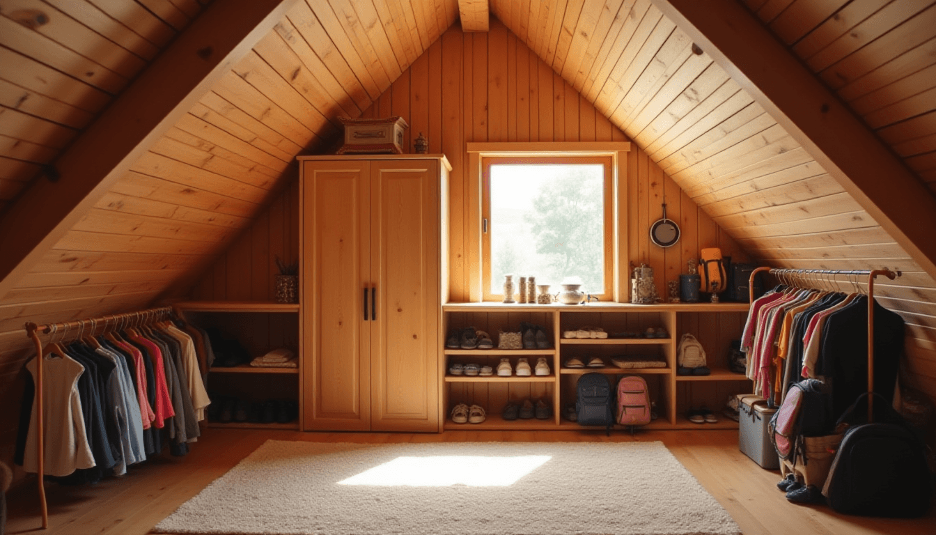 Cozy Attic with High Roof and Wooden Wardrobe