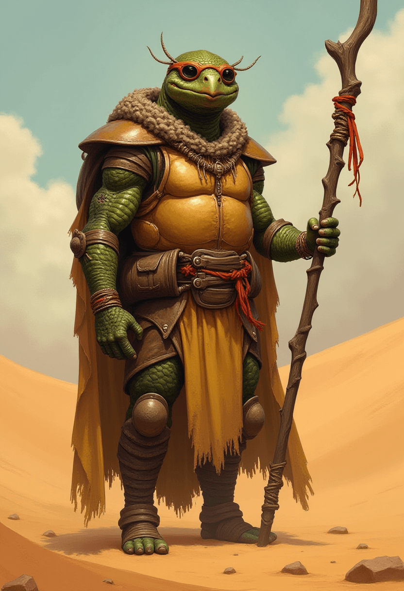 Turtle Humanoid Druid in Desert Setting